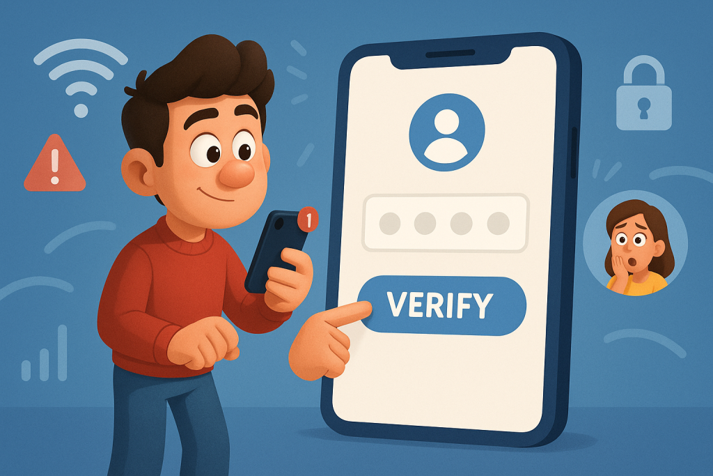 Illustration of user verifying login on app in a mobile signal icons setting, with a determined mood.