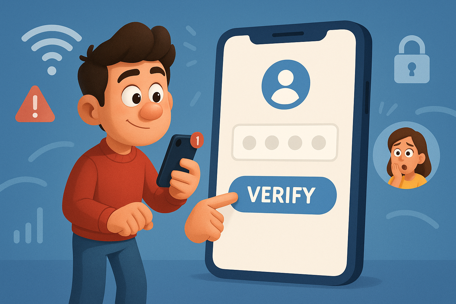 Illustration of user verifying login on app in a mobile signal icons setting, with a determined mood.