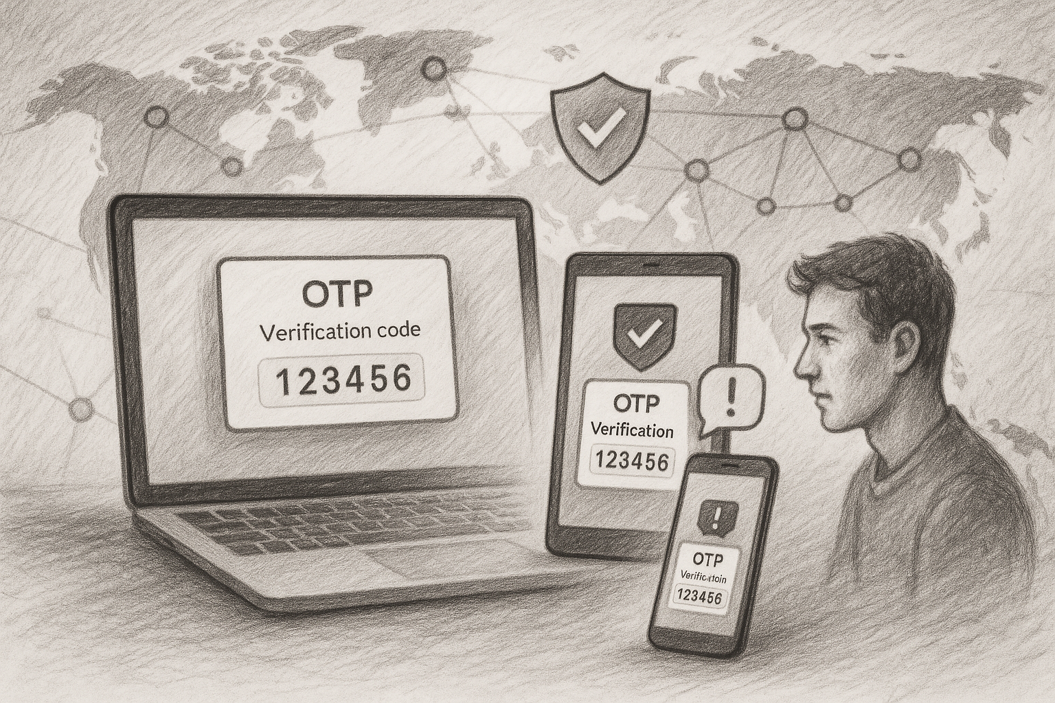 Illustration of multi-device setup receiving otp in a global map with connection nodes setting, with a focused mood.