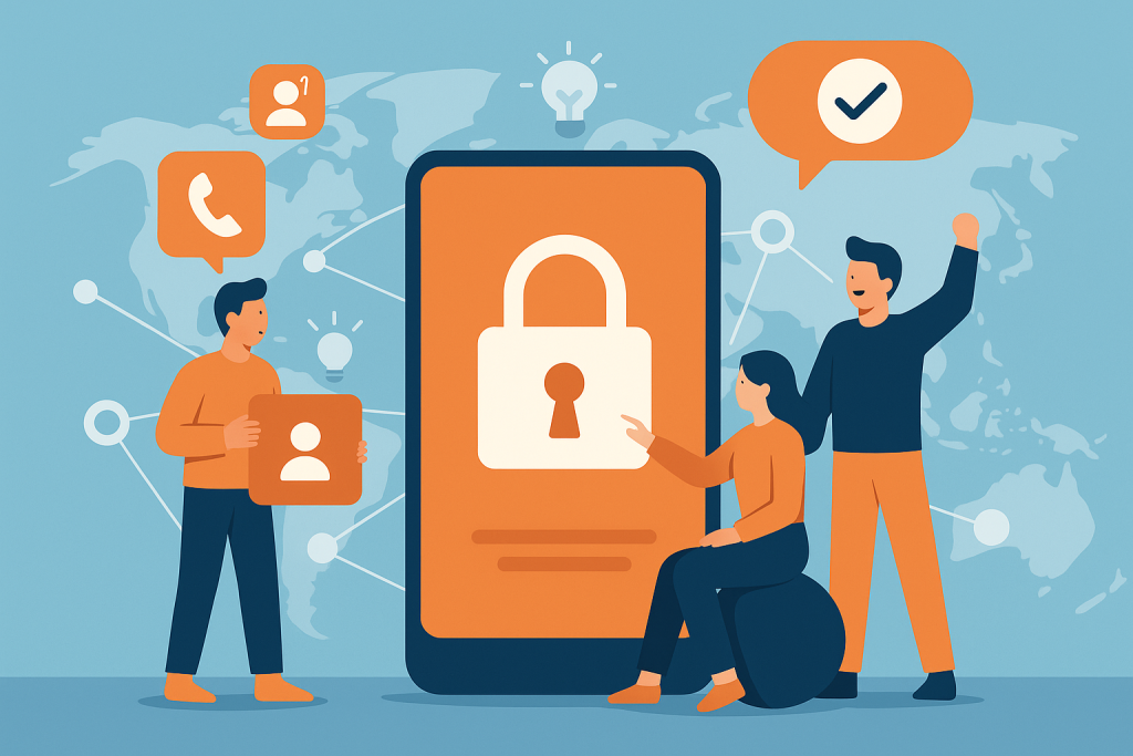 Illustration of secure lock symbol on mobile in a global map with connection nodes setting, with a creative mood.