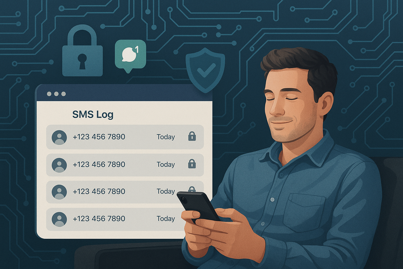 Illustration of dashboard rendering sms logs in a locked circuit board design setting, with a relaxed mood.