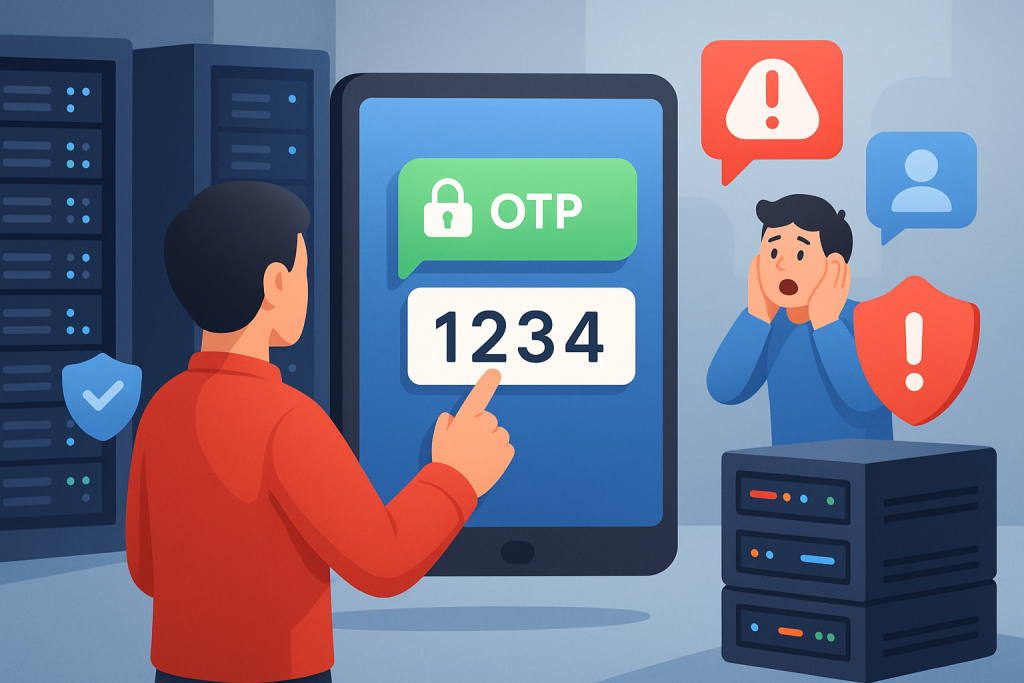 Illustration of otp message displayed on tablet in a data center interior setting, with a focused mood.