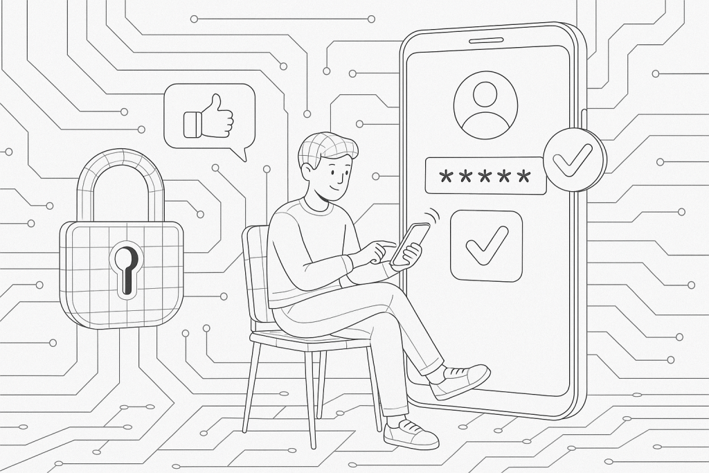 Illustration of user verifying login on app in a locked circuit board design setting, with a relaxed mood.