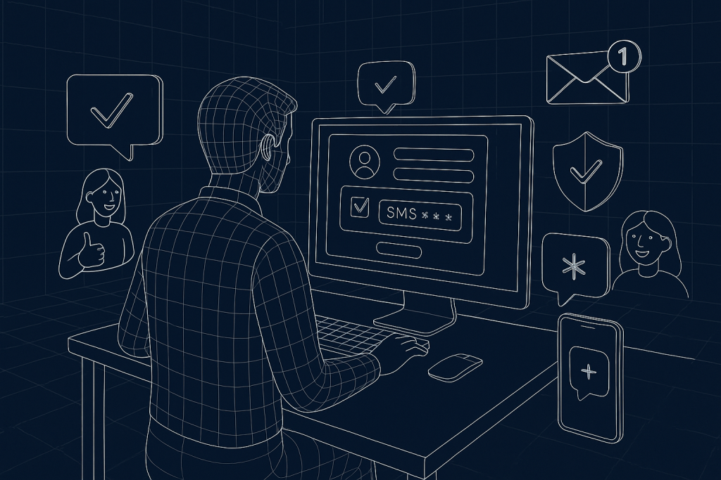 Illustration of developer working at computer screen in a digital interface grid setting, with a inspired mood.