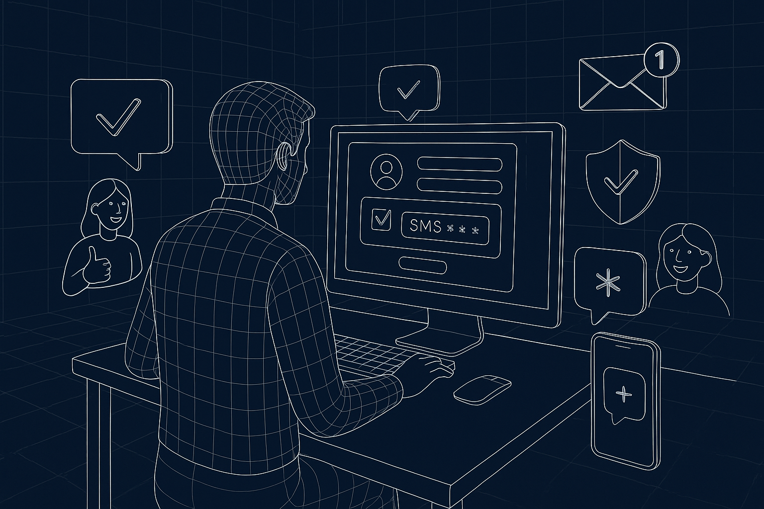 Illustration of developer working at computer screen in a digital interface grid setting, with a inspired mood.