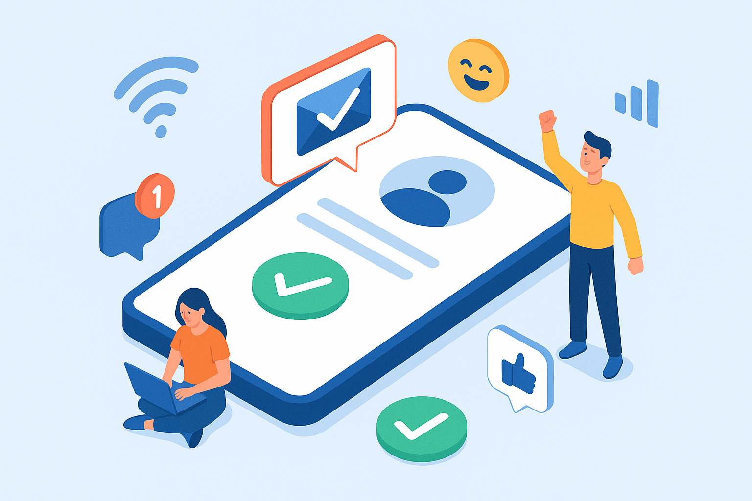 Illustration of sms notification popping up in a mobile signal icons setting, with a creative mood.