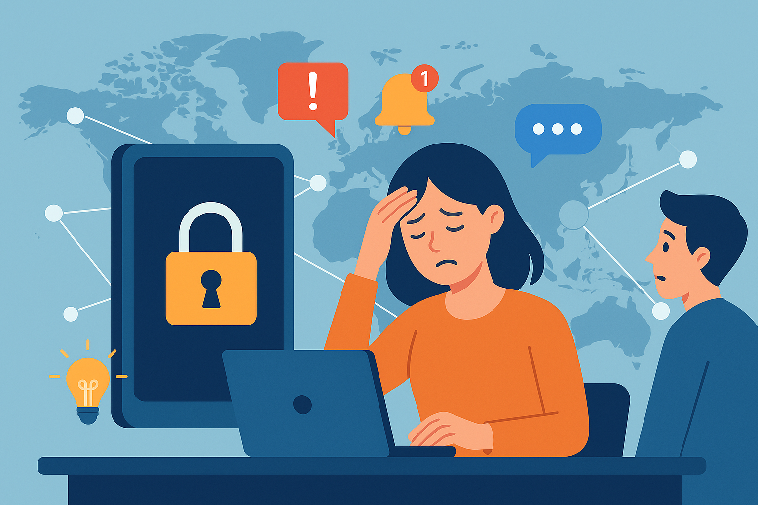 Illustration of secure lock symbol on mobile in a global map with connection nodes setting, with a creative mood.