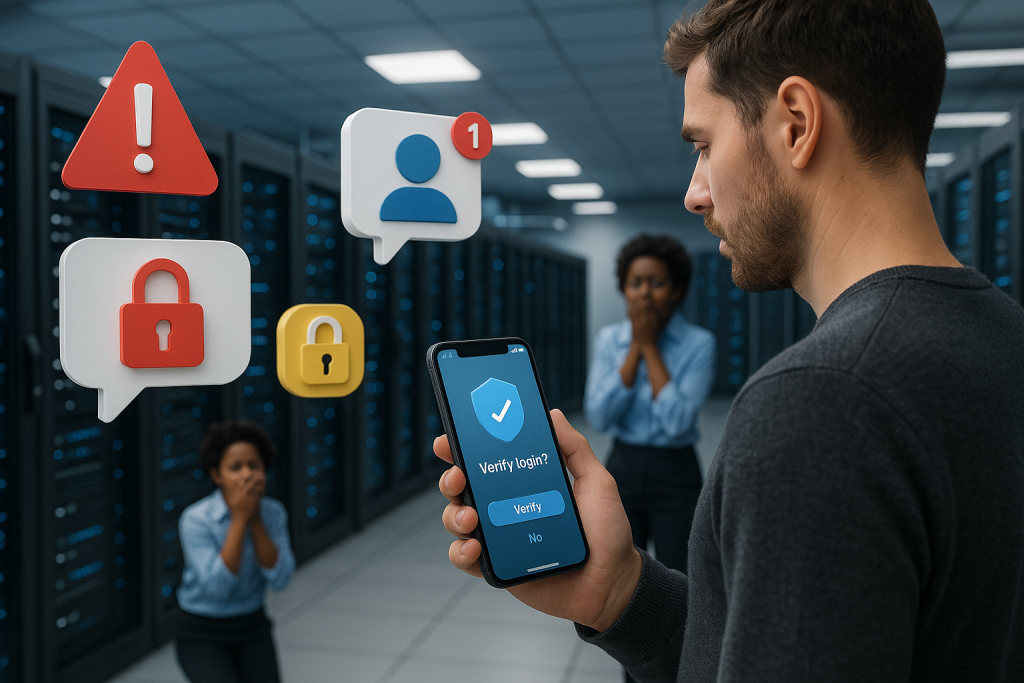 Illustration of user verifying login on app in a data center interior setting, with a creative mood.
