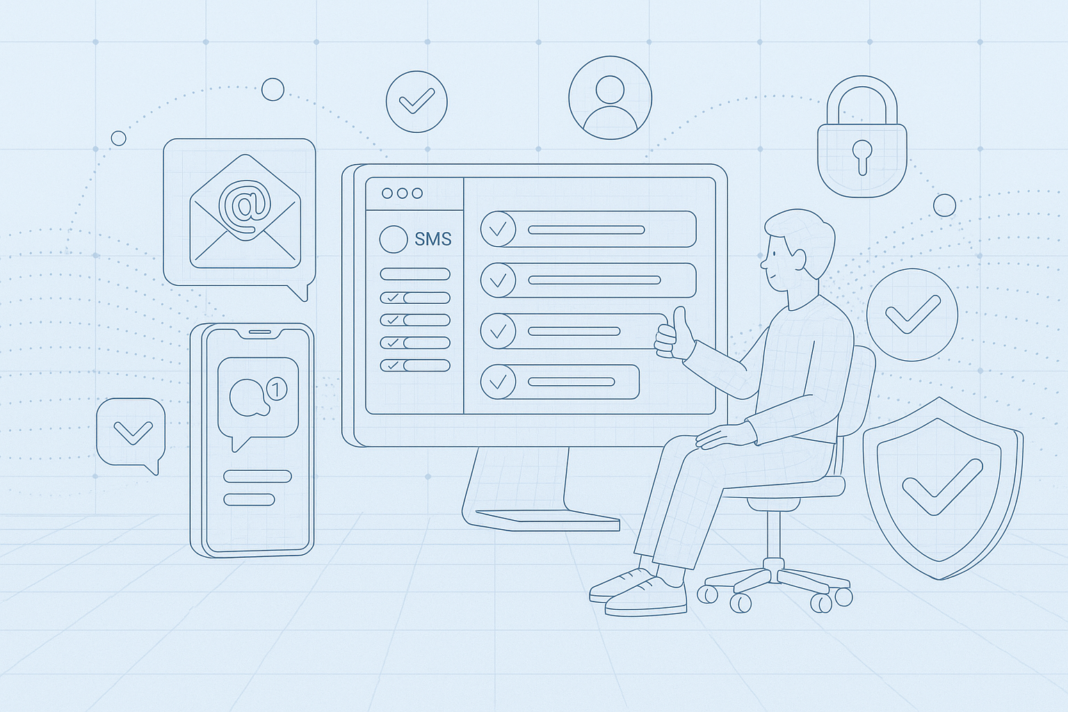 Illustration of dashboard rendering sms logs in a secure sms transmission visual setting, with a relaxed mood.