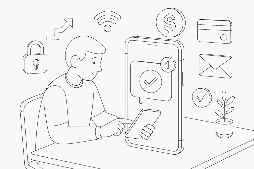 Illustration of sms notification popping up in a mobile signal icons setting, with a focused mood.