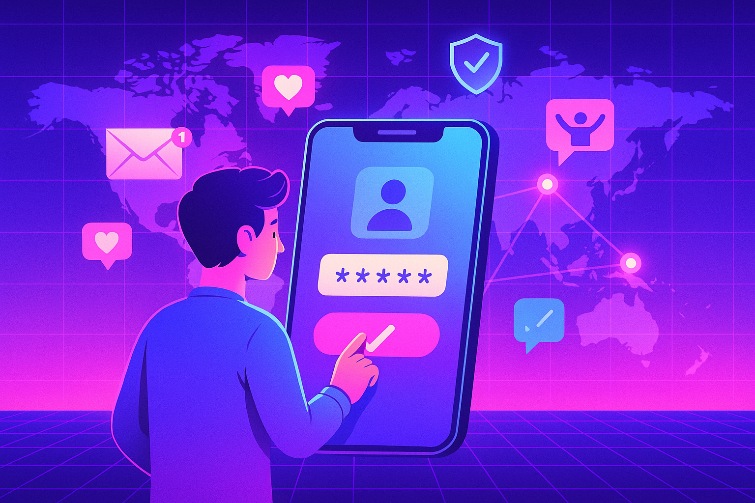 Illustration of user verifying login on app in a global map with connection nodes setting, with a inspired mood.