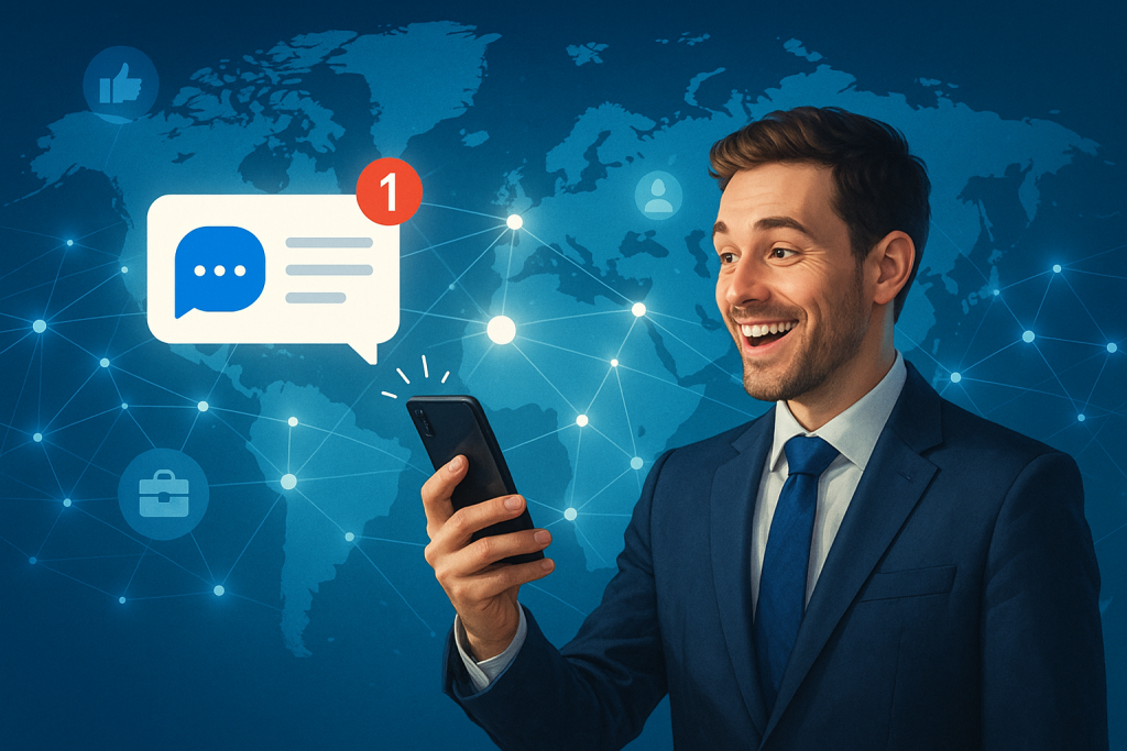 Illustration of sms notification popping up in a global map with connection nodes setting, with a inspired mood.