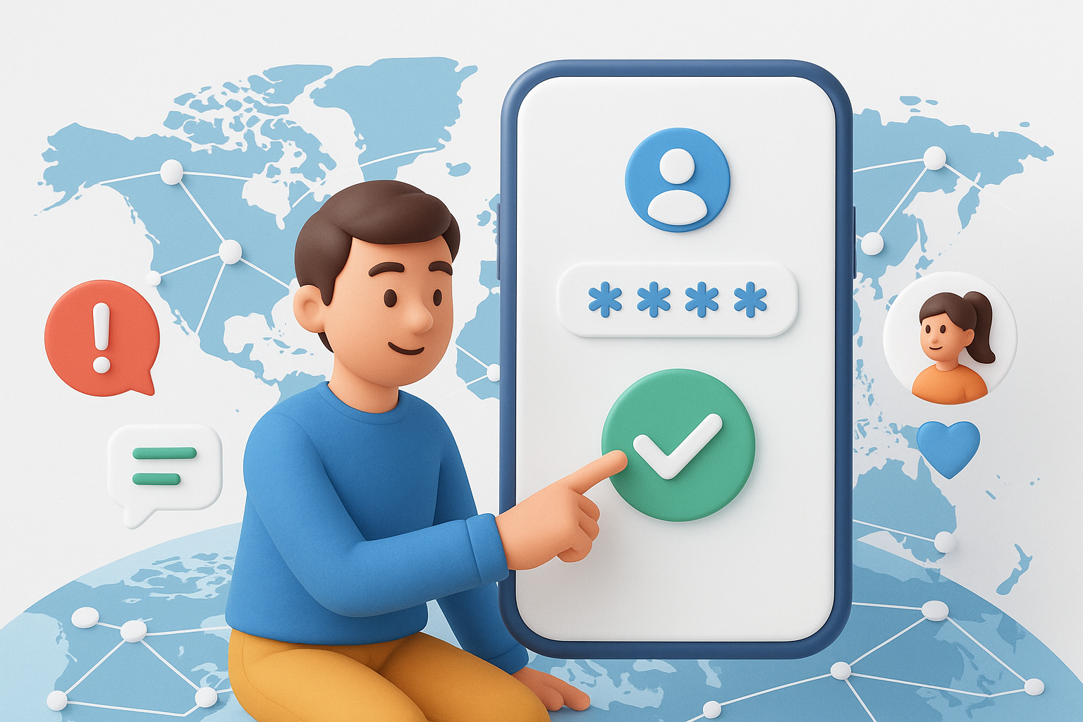 Illustration of user verifying login on app in a global map with connection nodes setting, with a inspired mood.