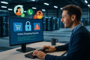 Illustration of developer working at computer screen in a data center interior setting, with a inspired mood.