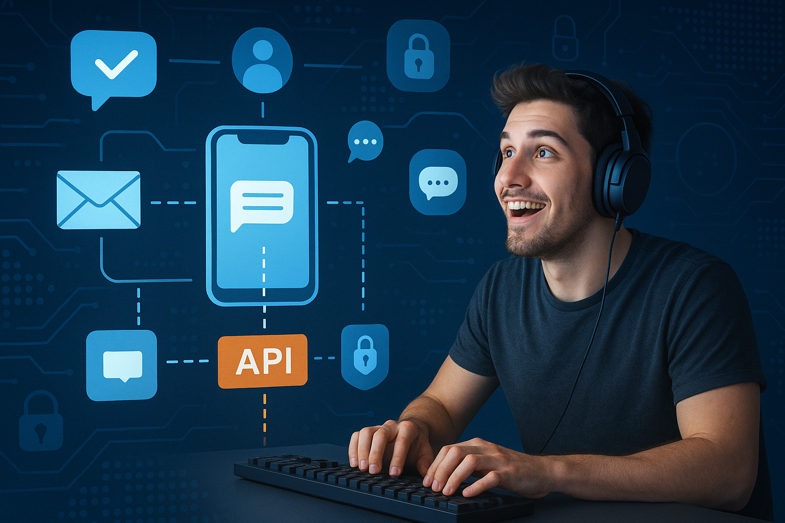 Illustration of sms api integration diagram in a abstract cybersecurity pattern setting, with a inspired mood.