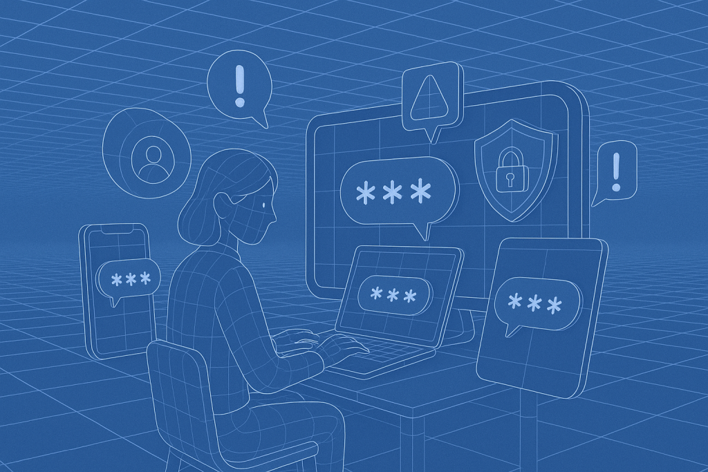 Illustration of multi-device setup receiving otp in a digital interface grid setting, with a determined mood.