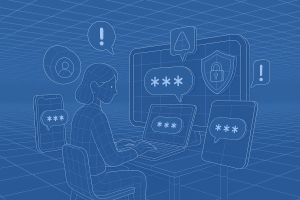 Illustration of multi-device setup receiving otp in a digital interface grid setting, with a determined mood.