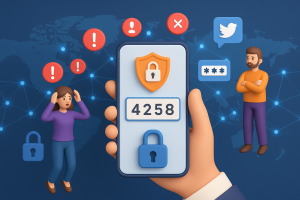 Illustration of hand holding smartphone with otp code in a global map with connection nodes setting, with a determined mood.