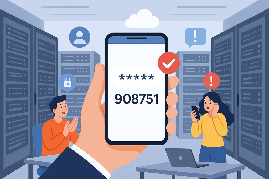Illustration of hand holding smartphone with otp code in a data center interior setting, with a inspired mood.