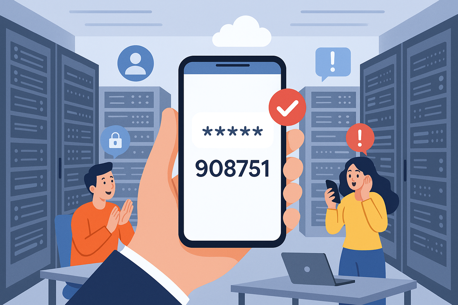 Illustration of hand holding smartphone with otp code in a data center interior setting, with a inspired mood.