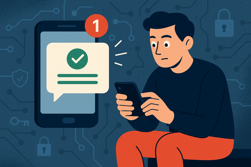 Illustration of sms notification popping up in a abstract cybersecurity pattern setting, with a focused mood.