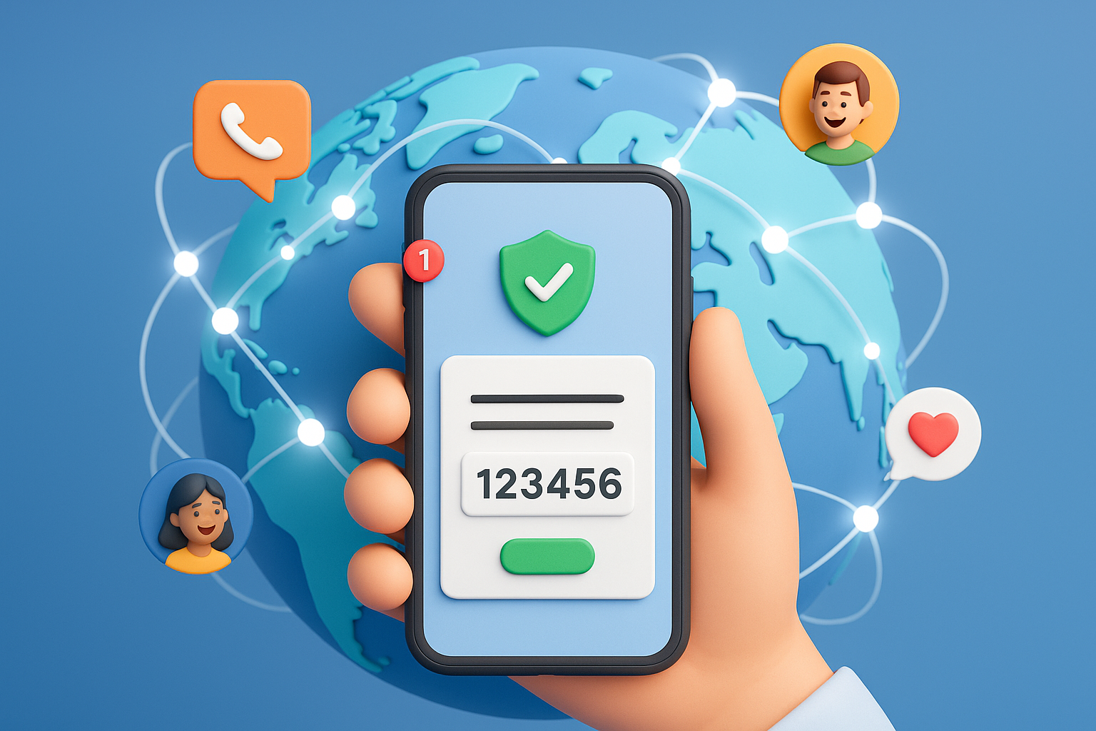Illustration of hand holding smartphone with otp code in a global map with connection nodes setting, with a relaxed mood.