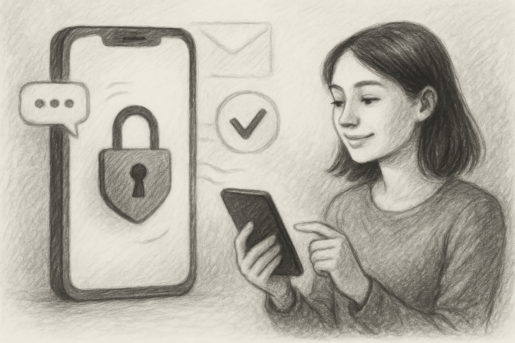 Illustration of secure lock symbol on mobile in a secure sms transmission visual setting, with a relaxed mood.