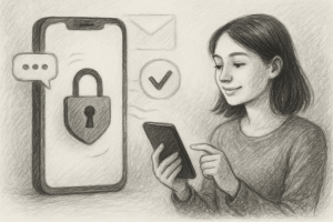 Illustration of secure lock symbol on mobile in a secure sms transmission visual setting, with a relaxed mood.