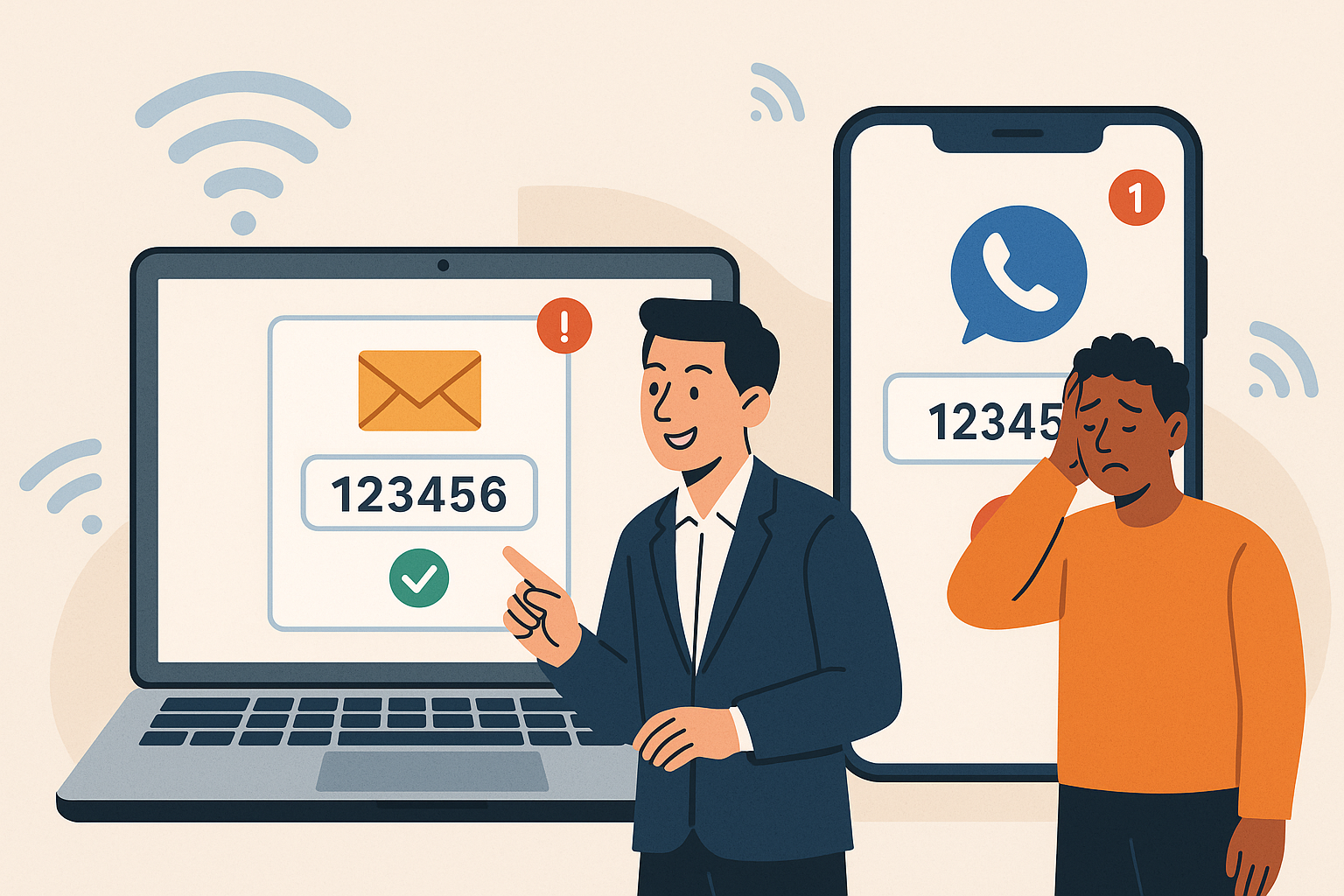 Illustration of multi-device setup receiving otp in a mobile signal icons setting, with a inspired mood.
