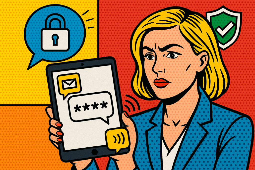 Illustration of otp message displayed on tablet in a secure sms transmission visual setting, with a determined mood.