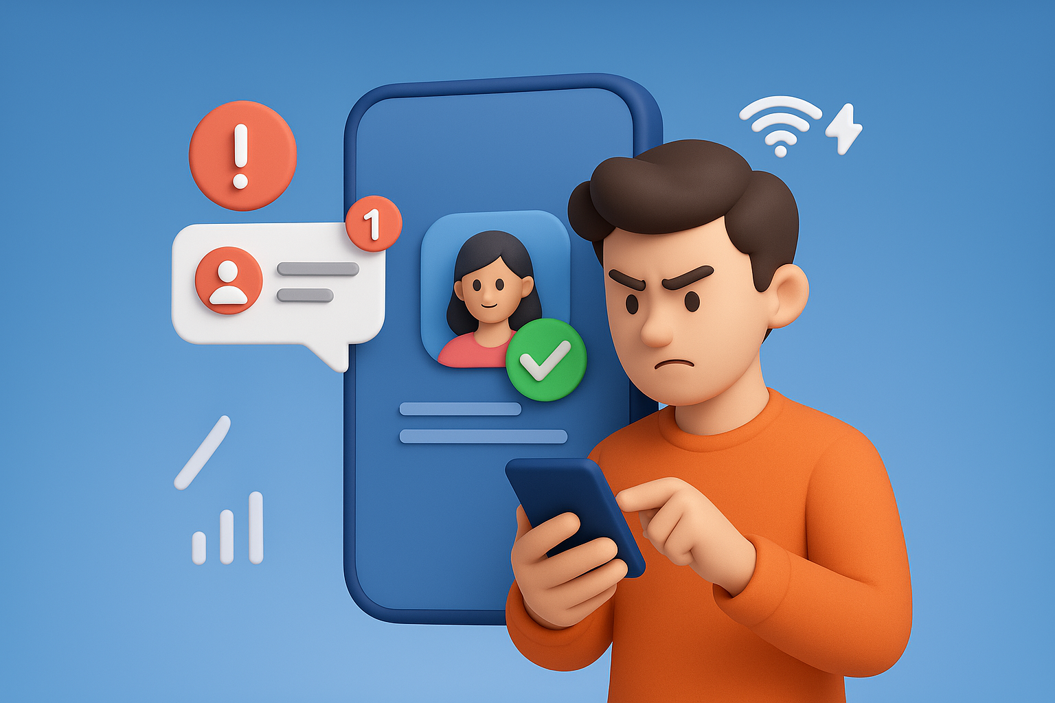 Illustration of sms notification popping up in a mobile signal icons setting, with a determined mood.