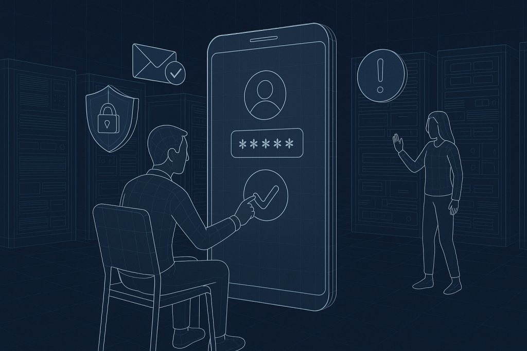 Illustration of user verifying login on app in a data center interior setting, with a focused mood.