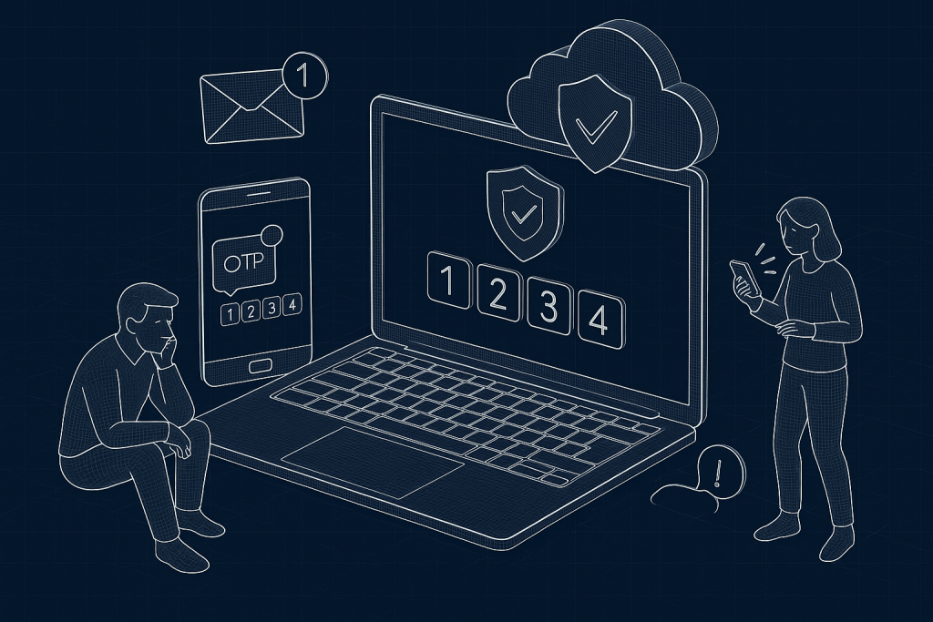 Illustration of multi-device setup receiving otp in a cloud technology overlay setting, with a focused mood.