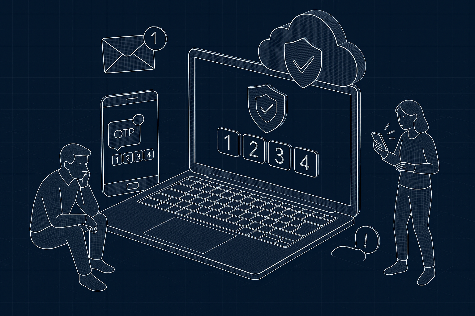 Illustration of multi-device setup receiving otp in a cloud technology overlay setting, with a focused mood.