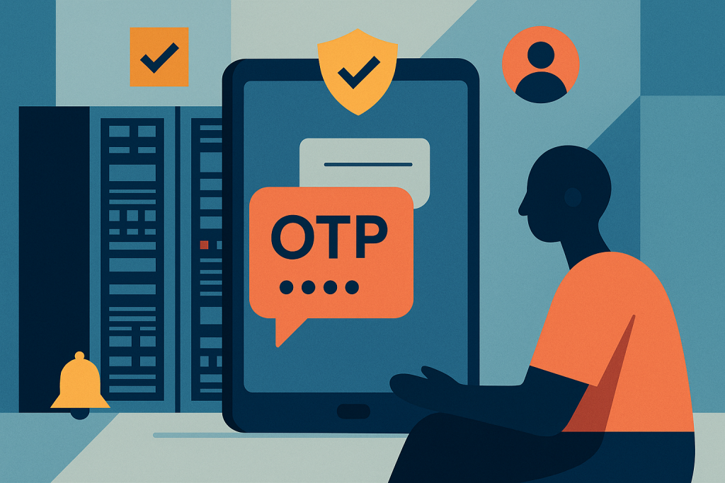 Illustration of otp message displayed on tablet in a data center interior setting, with a relaxed mood.