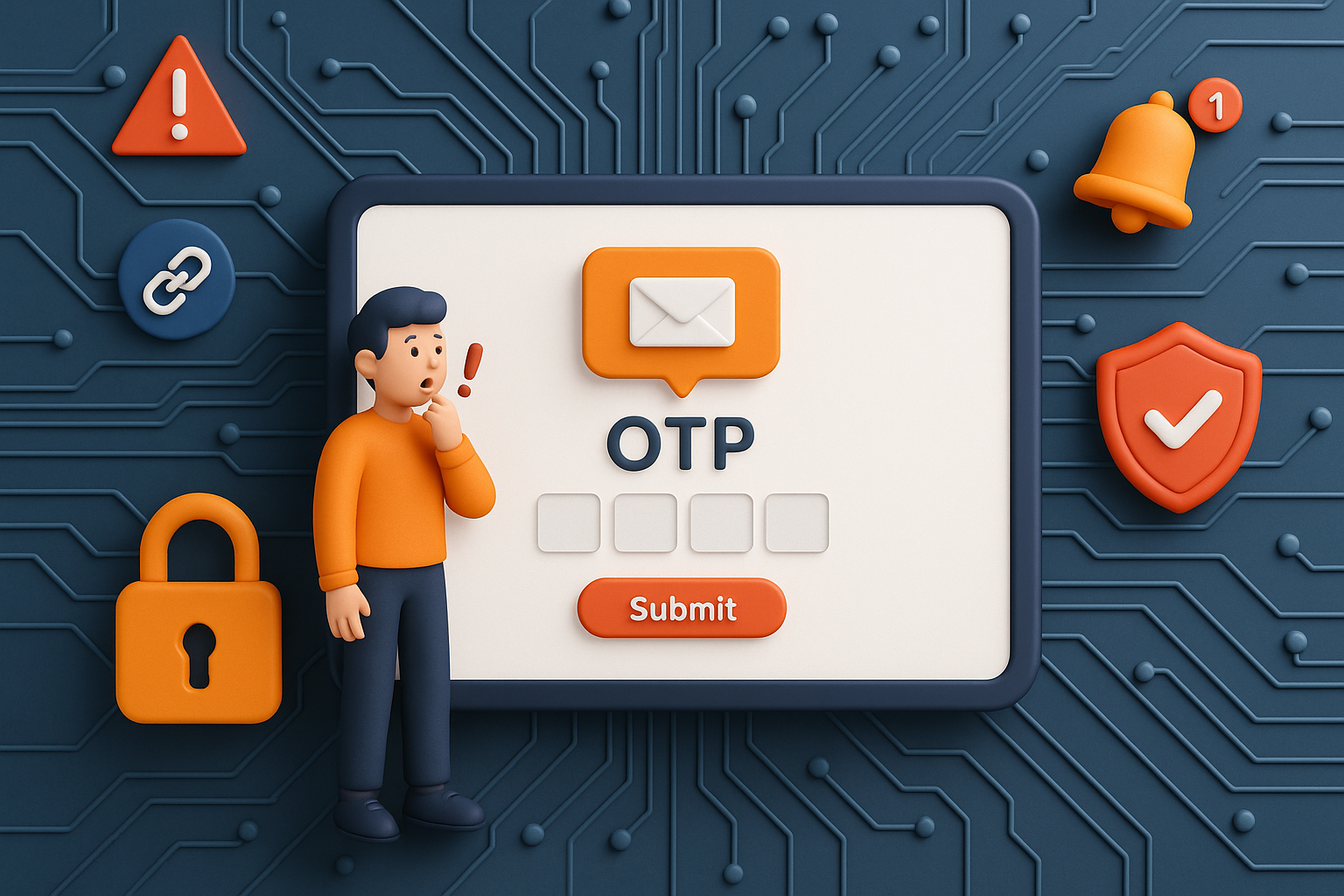 Illustration of otp message displayed on tablet in a locked circuit board design setting, with a determined mood.
