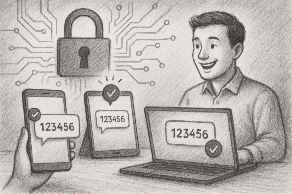 Illustration of multi-device setup receiving otp in a locked circuit board design setting, with a happy mood.