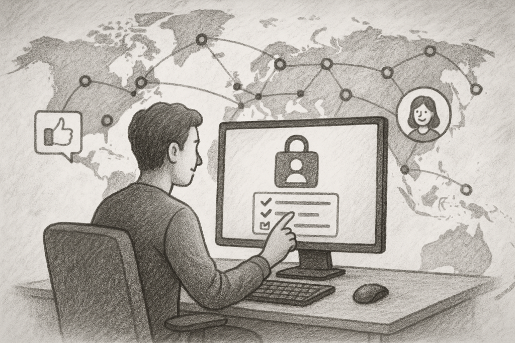 Illustration of developer working at computer screen in a global map with connection nodes setting, with a relaxed mood.