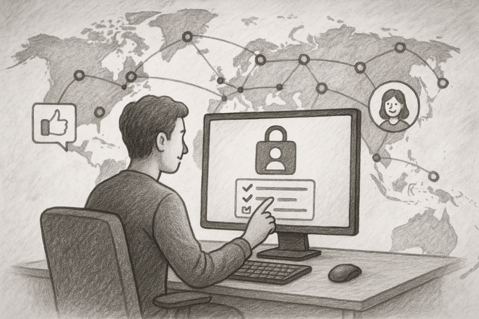 Illustration of developer working at computer screen in a global map with connection nodes setting, with a relaxed mood.