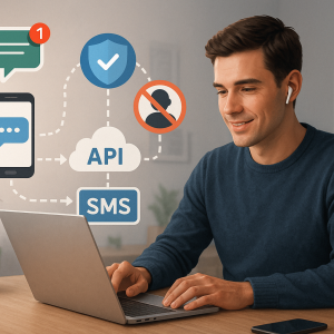 Illustration of sms api integration diagram in a secure sms transmission visual setting, with a inspired mood.