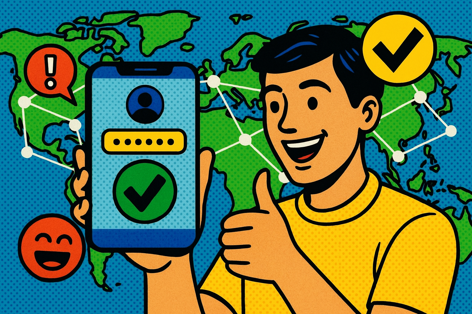 Illustration of user verifying login on app in a global map with connection nodes setting, with a happy mood.
