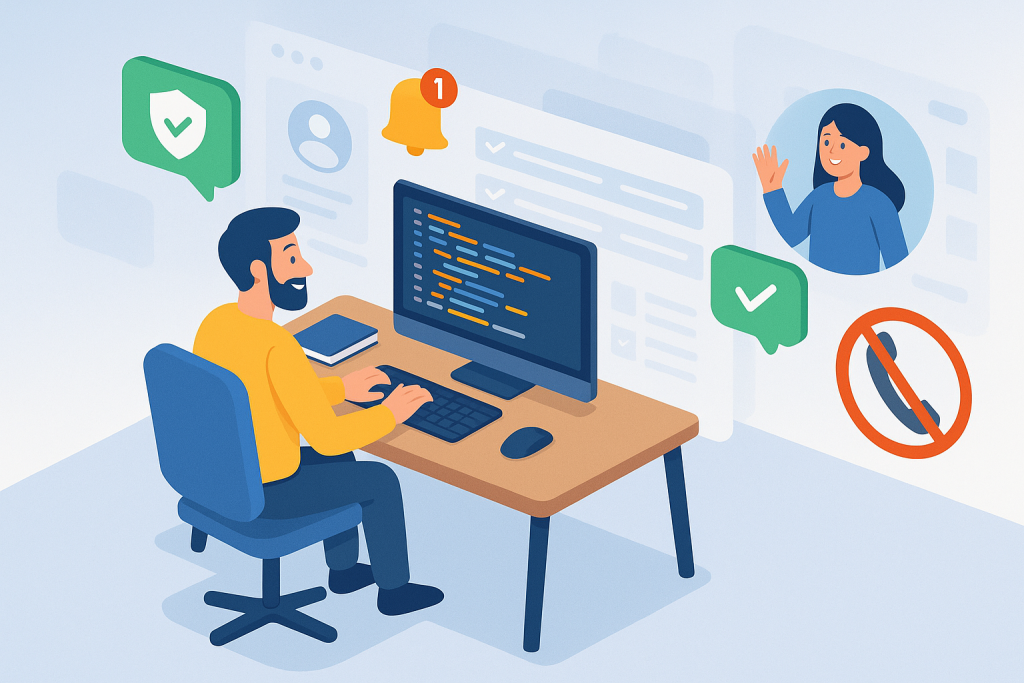 Illustration of developer working at computer screen in a dashboard screen blur setting, with a happy mood.