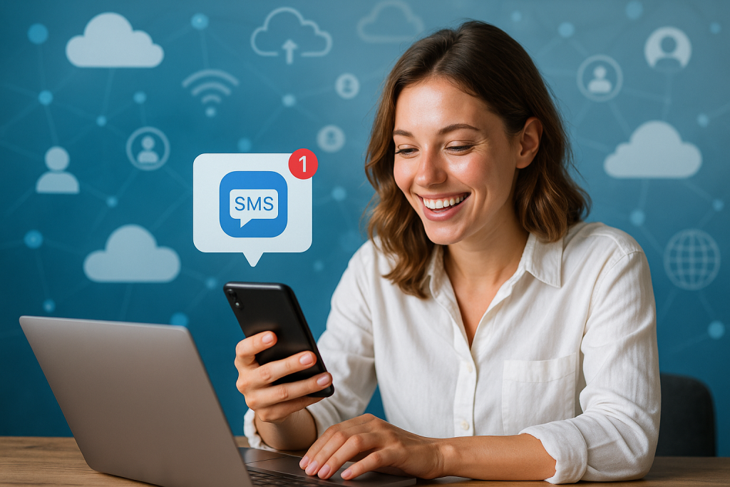 Illustration of sms notification popping up in a cloud technology overlay setting, with a happy mood.