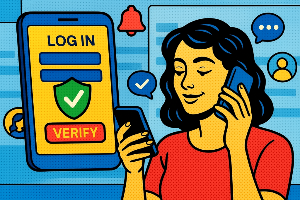 Illustration of user verifying login on app in a dashboard screen blur setting, with a relaxed mood.