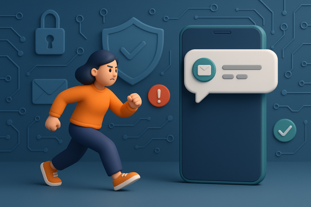 Illustration of sms notification popping up in a abstract cybersecurity pattern setting, with a determined mood.