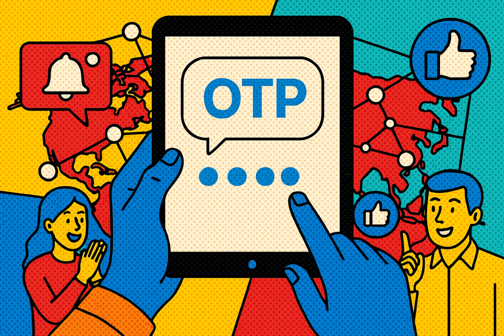 Illustration of otp message displayed on tablet in a global map with connection nodes setting, with a creative mood.