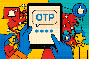 Illustration of otp message displayed on tablet in a global map with connection nodes setting, with a creative mood.
