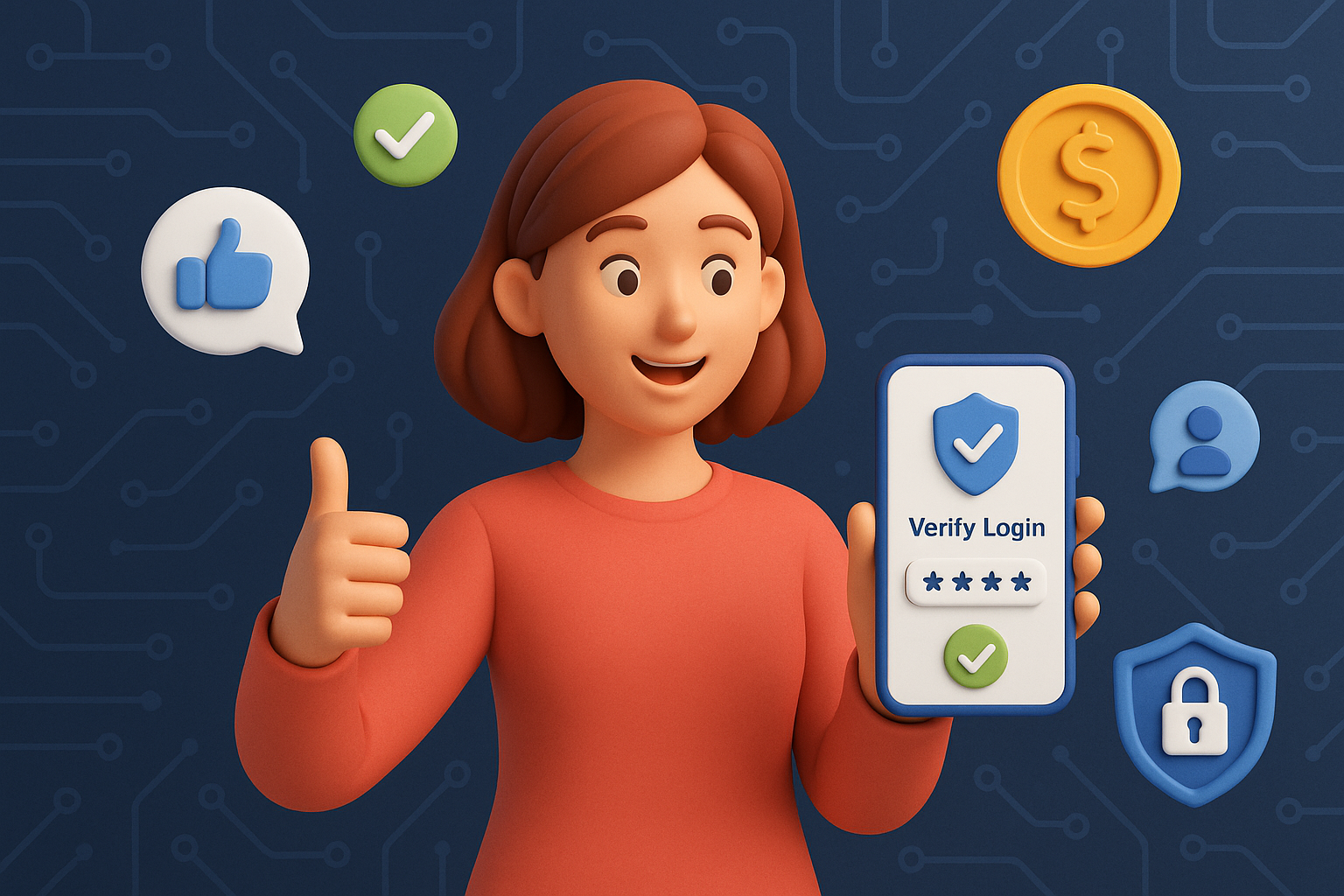 Illustration of user verifying login on app in a abstract cybersecurity pattern setting, with a inspired mood.