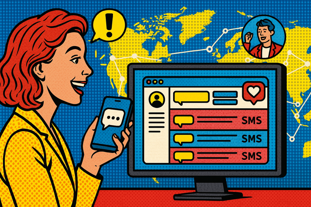 Illustration of dashboard rendering sms logs in a global map with connection nodes setting, with a inspired mood.