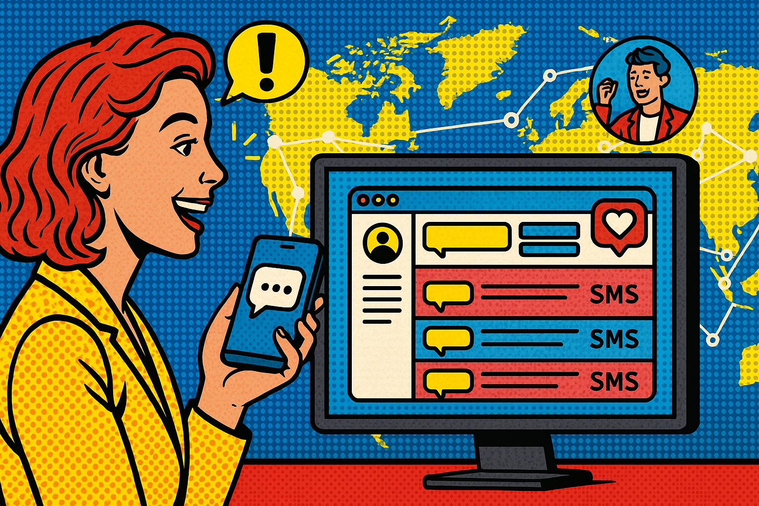 Illustration of dashboard rendering sms logs in a global map with connection nodes setting, with a inspired mood.